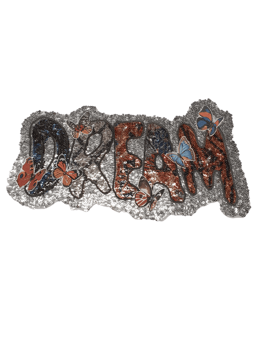 Applicazione da Cucire Scritta DREAM Paillettes Patch Farfalle Fiori