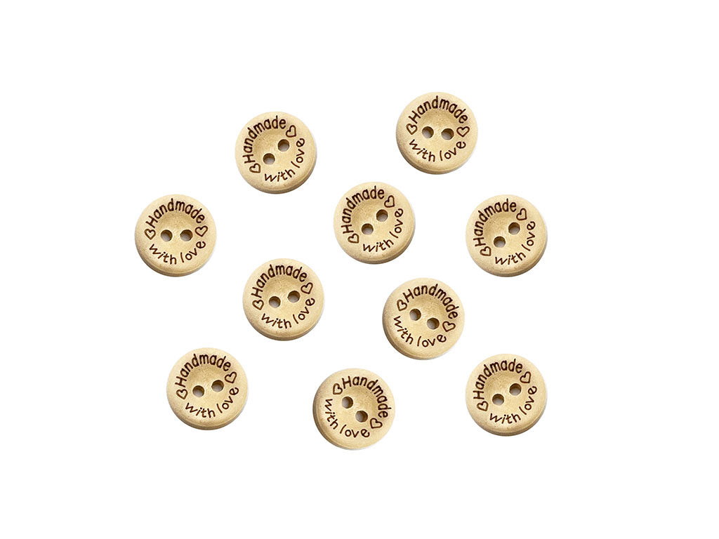 1 Confezione da 10 Pezzi di Bottoni in Legno Artigianale Handmade With Love 4 Misure