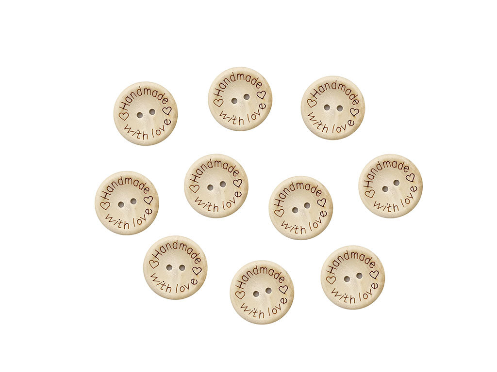 1 Confezione da 10 Pezzi di Bottoni in Legno Artigianale Handmade With Love 4 Misure