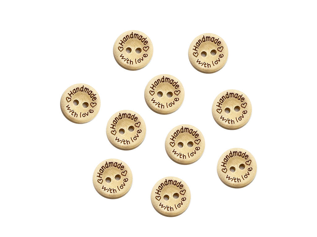 1 Confezione da 10 Pezzi di Bottoni in Legno Artigianale Handmade With Love 4 Misure