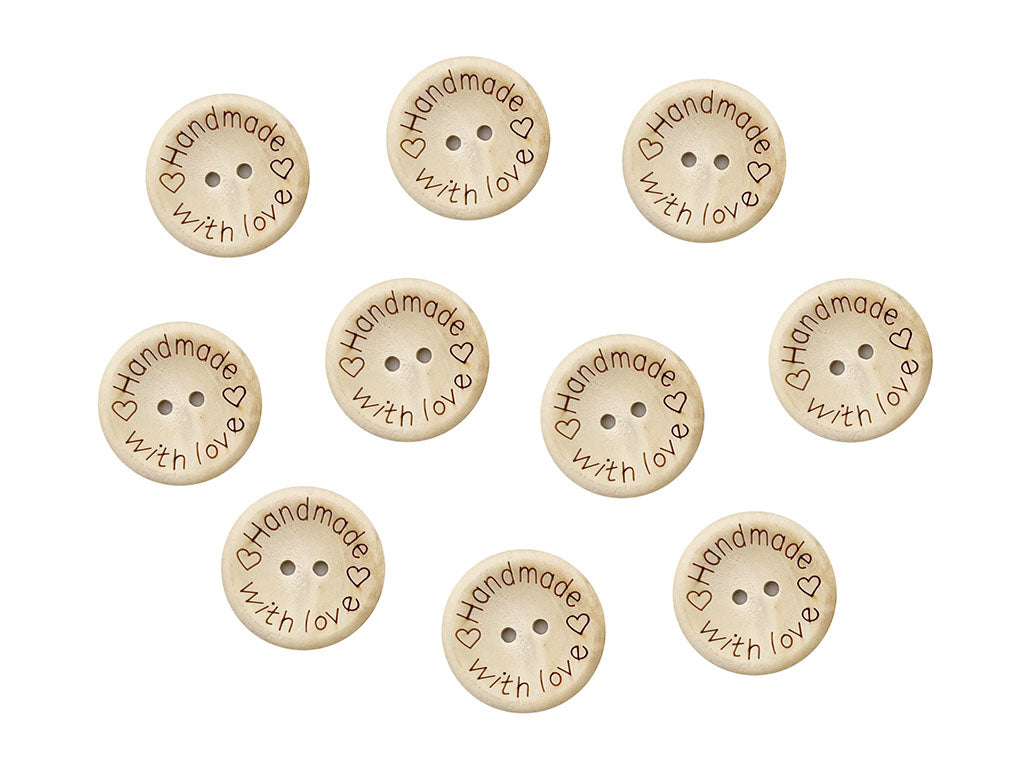1 Confezione da 10 Pezzi di Bottoni in Legno Artigianale Handmade With Love 4 Misure