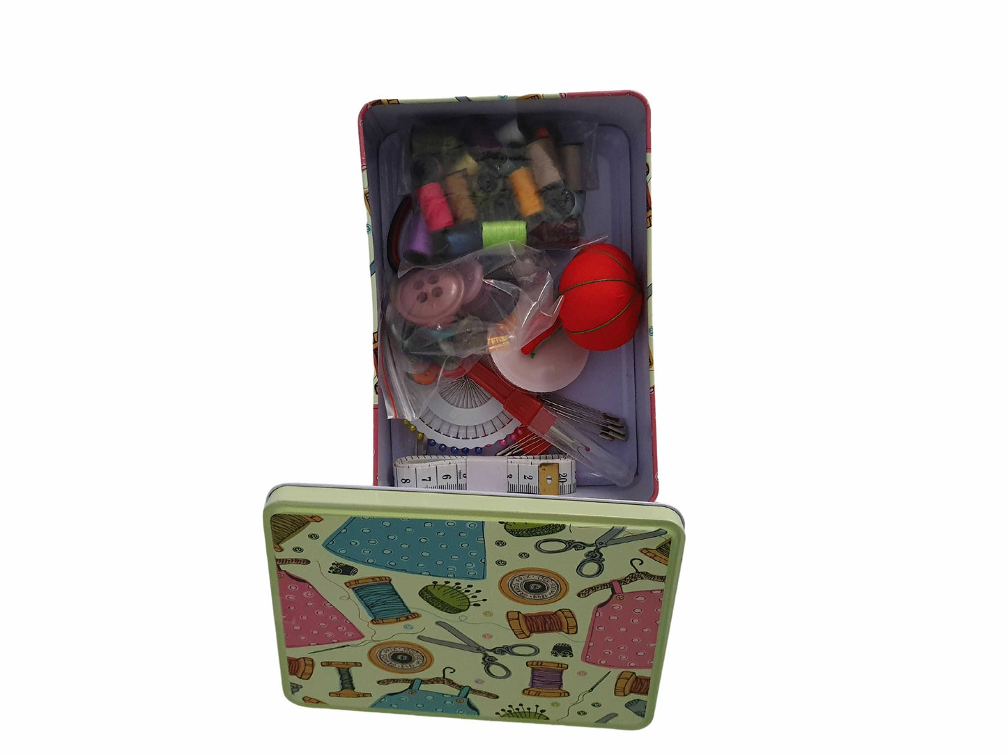 Set Cucito Viaggio Scatola in Latta Portatile Aghi Fili Spilli Ditale 